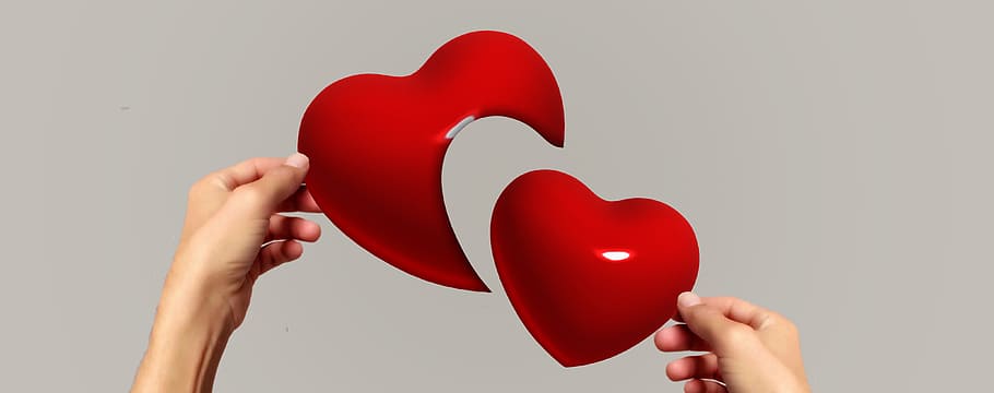 person holding red hearts, lifting, hands, separation, love, puzzle, HD wallpaper