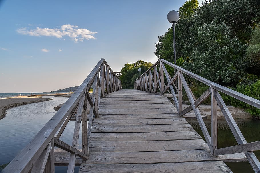 bridge, sea, water, sky, built structure, railing, the way forward HD wallpaper