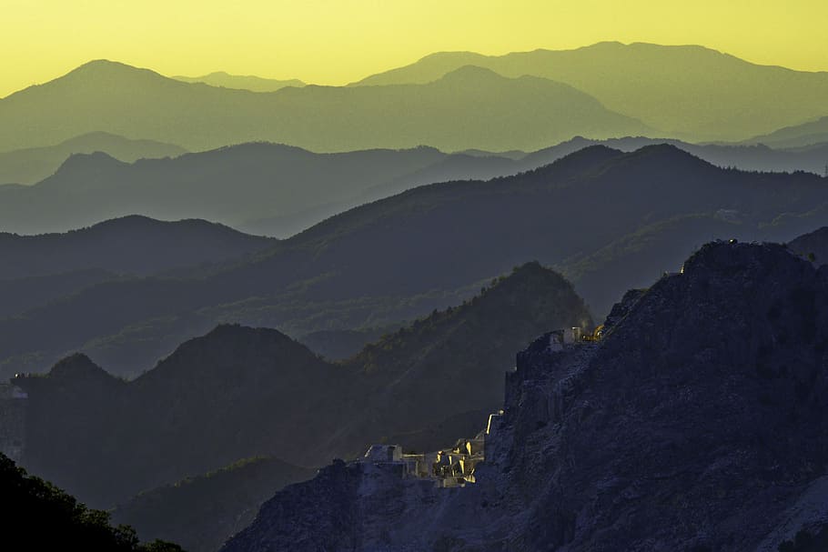 bird's-eye view photography of mountains, buildings beside mountain, HD wallpaper