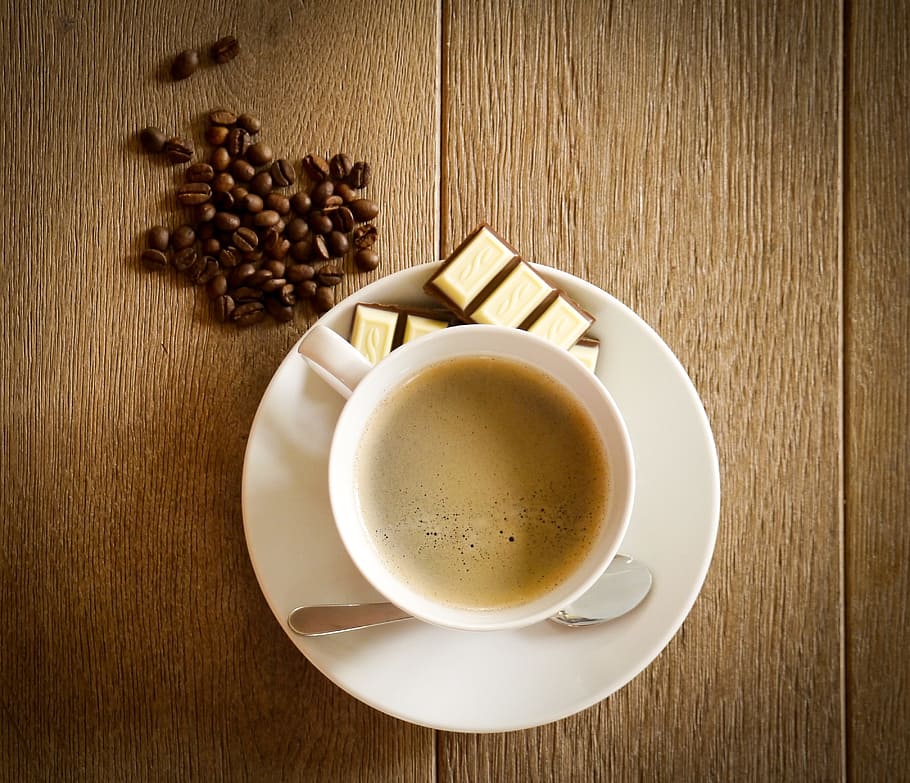 Coffee Cup, Beans, Drink, coffee beans, spoon, saucer, porcelain HD wallpaper