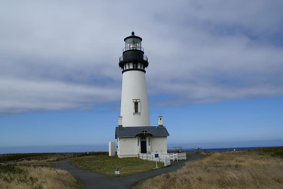 white painted lighthouse, oregon, coast, landscape, coastal HD wallpaper