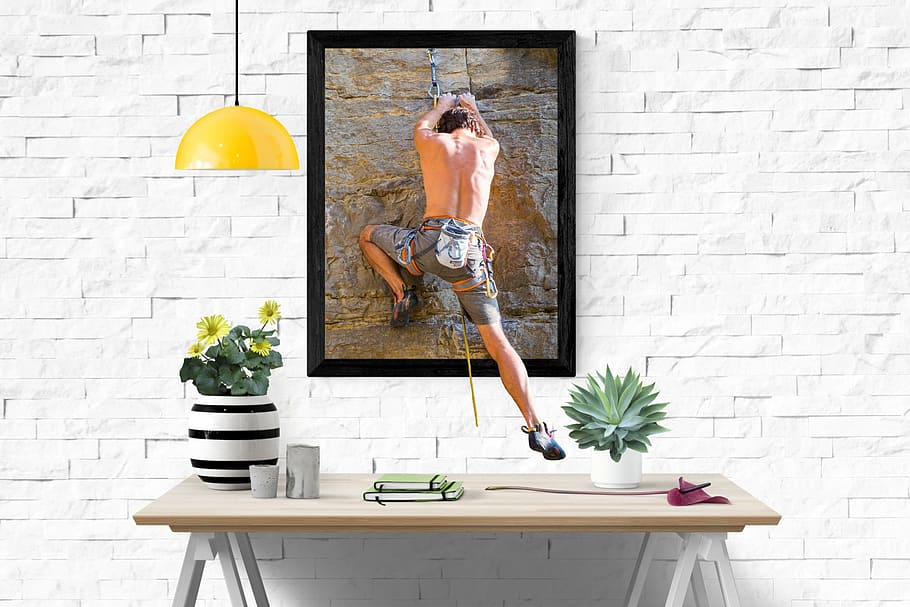 man in gray shorts painting with black wooden photo frame, climb, HD wallpaper