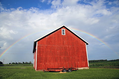 rainbow, barn, red barn, old barn, country barn, rustic barn HD wallpaper