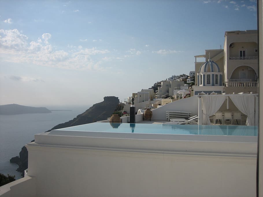 Santorini, Greece, sea, romantic, sea view, sky, pool, swimming pool, HD wallpaper