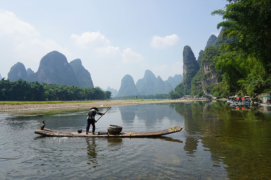 xingping, bamboo raft, fishman, water, nautical vessel, transportation, HD wallpaper