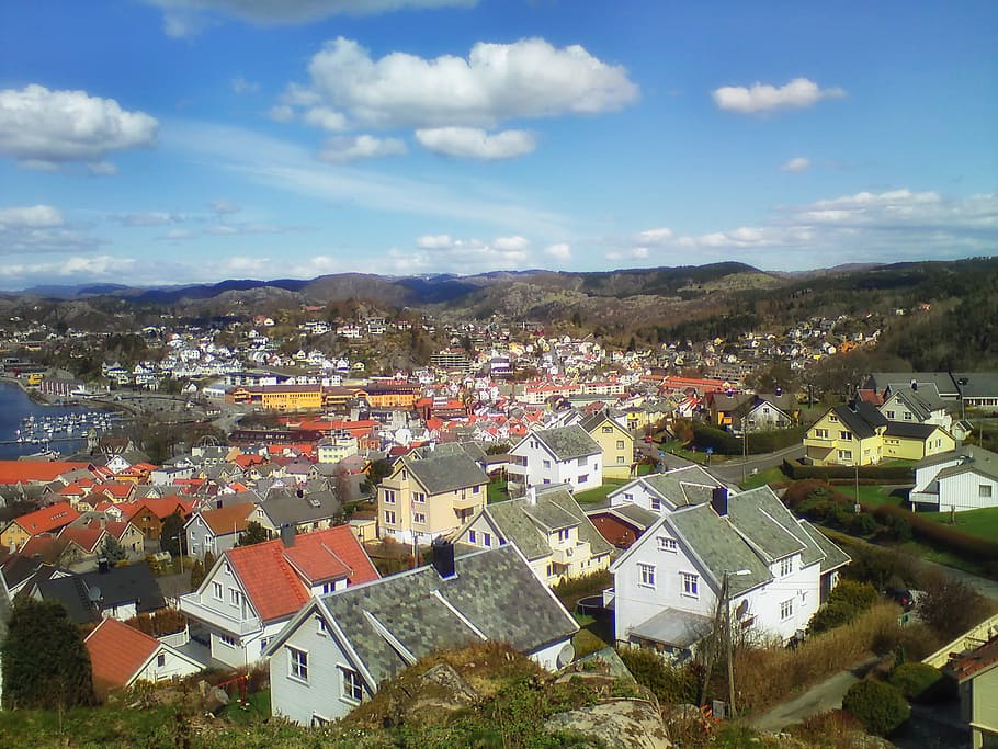 egersund, norway, town, city, urban, house, homes, sky, clouds, HD wallpaper