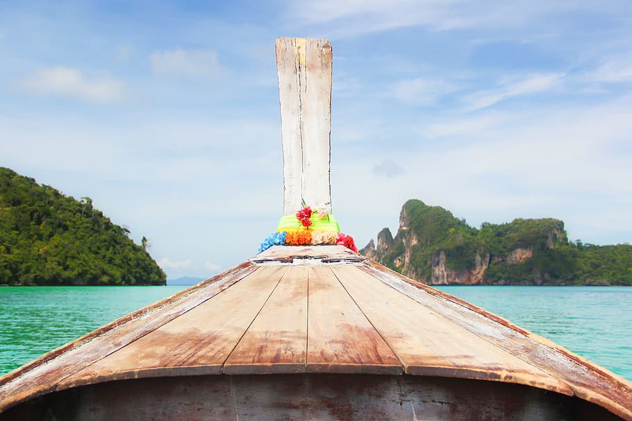 thailand, koh phi phi, long tail boat, beach, sea, island, travel, HD wallpaper