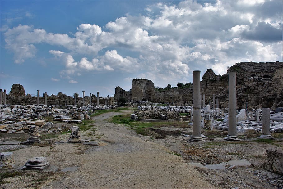 ruin, side, turkey, ruins of side, building, antiquity, turkish riviera, HD wallpaper