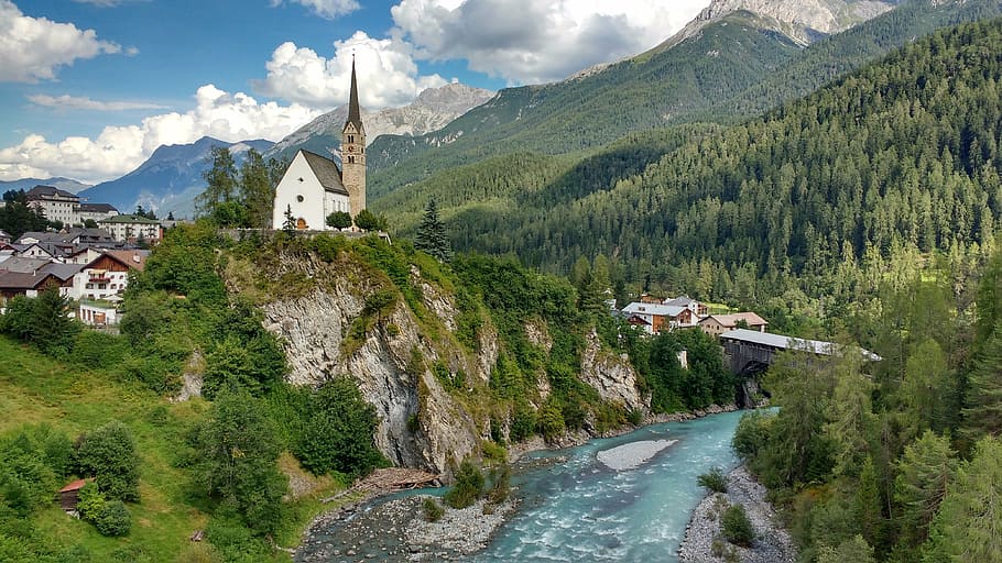 house surrounded by trees near body of water, church, river HD wallpaper