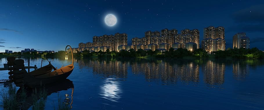 Building, Animation, Single, Frame, a single frame, moon, reflection HD wallpaper