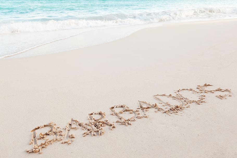 seashore with barbados written by day, word, text, handwriting HD wallpaper