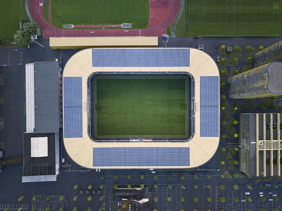 areal view of stadium, aerial photo of soccer field, aerial view
