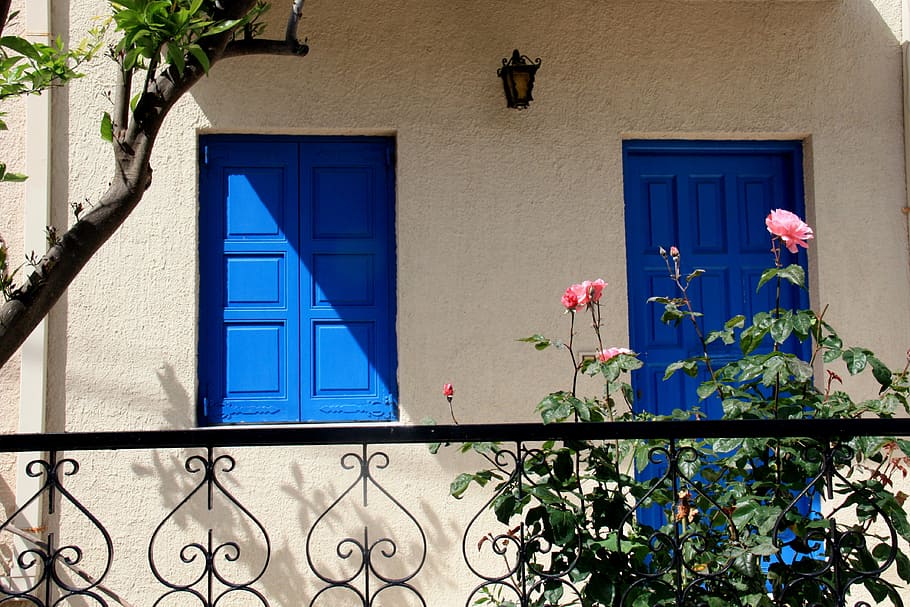blue, happiness, door, home, balcony, rose, photo, ada, chios, HD wallpaper