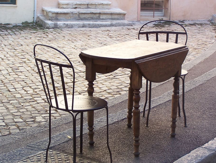 chair, table, road, brown, auburn, quiet zone, break, cobblestones, HD wallpaper
