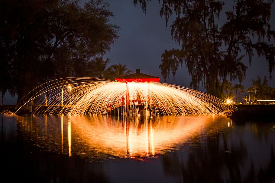 LED water fountain, spark, light, night, yellow, orange, red, HD wallpaper