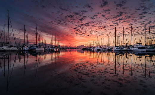 sea, dawn, sunset, water, boats, clouds, dusk, harbor, harbour HD wallpaper