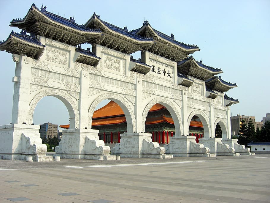 white and black temple gate, taipei, chung cheng age reading hall, HD wallpaper