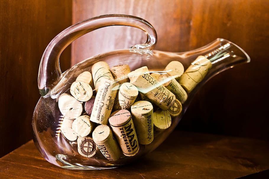clear glass pitcher, cork, plugs, bottle, beverage, carafe HD wallpaper