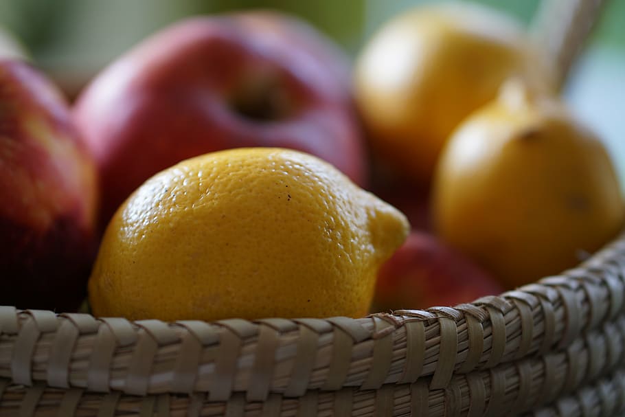 apple, lemon, basket, fruit, fruits, vitamins, healthy, citrus fruits HD wallpaper