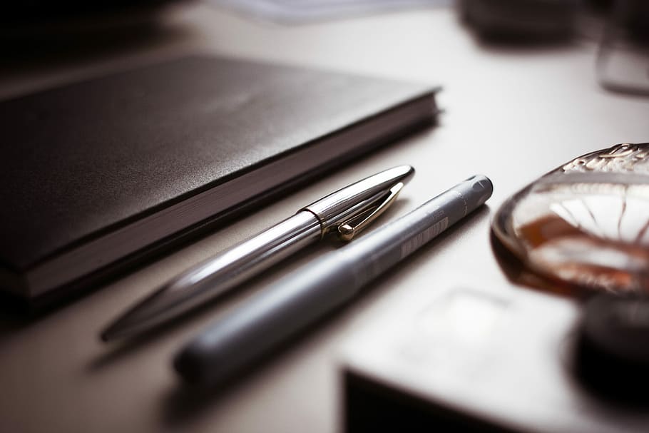 Chrome & Graphic Pens with a Diary, business, close-up, no People, HD wallpaper
