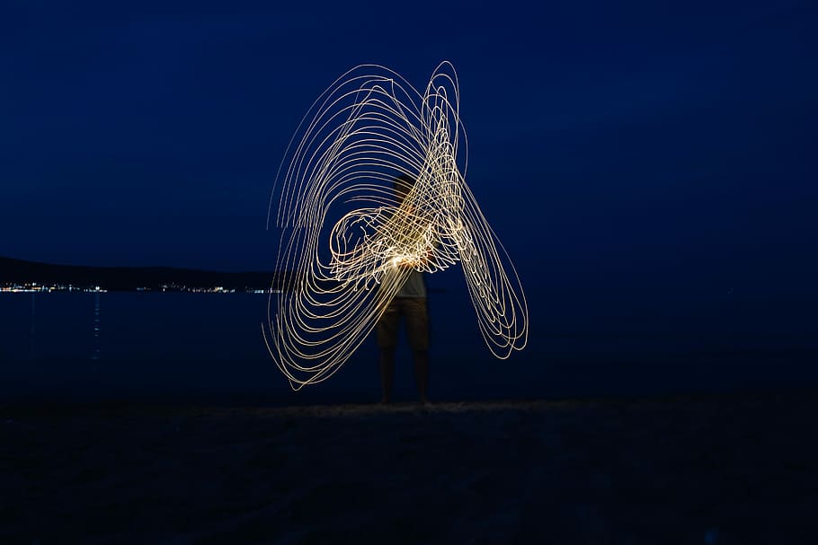 Light painting on the beach at nigh, ocean, sea, barbecue, night HD wallpaper