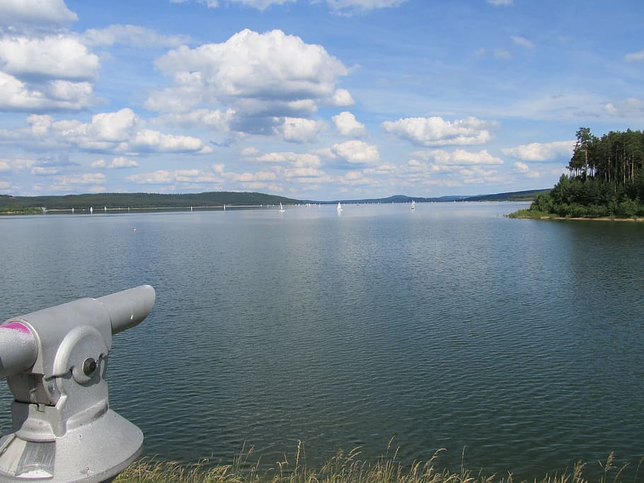 telescope, view, viewpoint, brombachsee, lake, water, landscape HD wallpaper