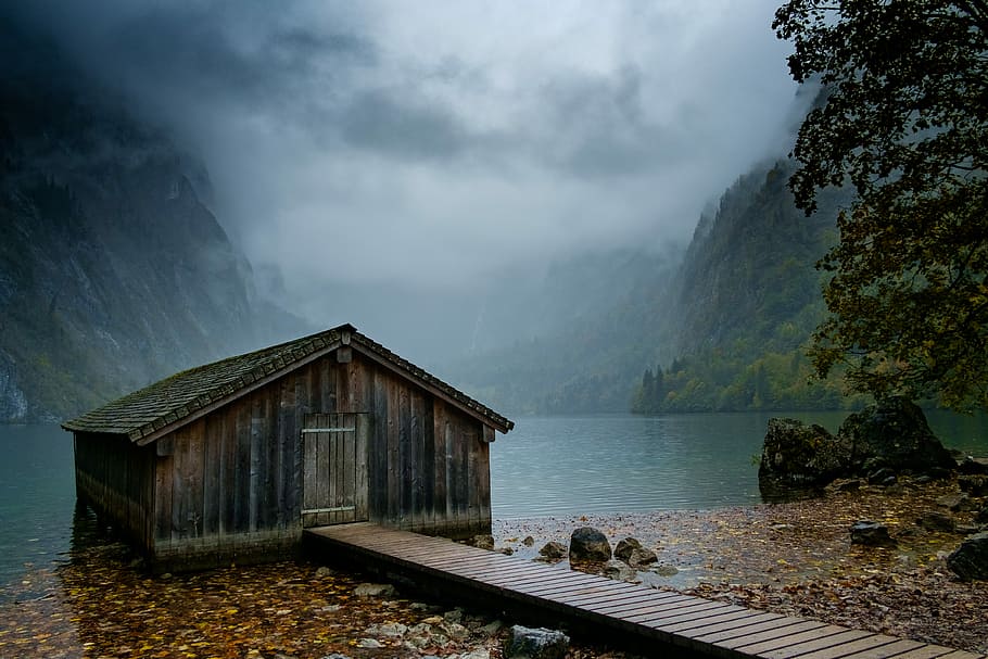brown shed beside body of water, photo of brown wooden house on top of body of water during cloudy sky, HD wallpaper