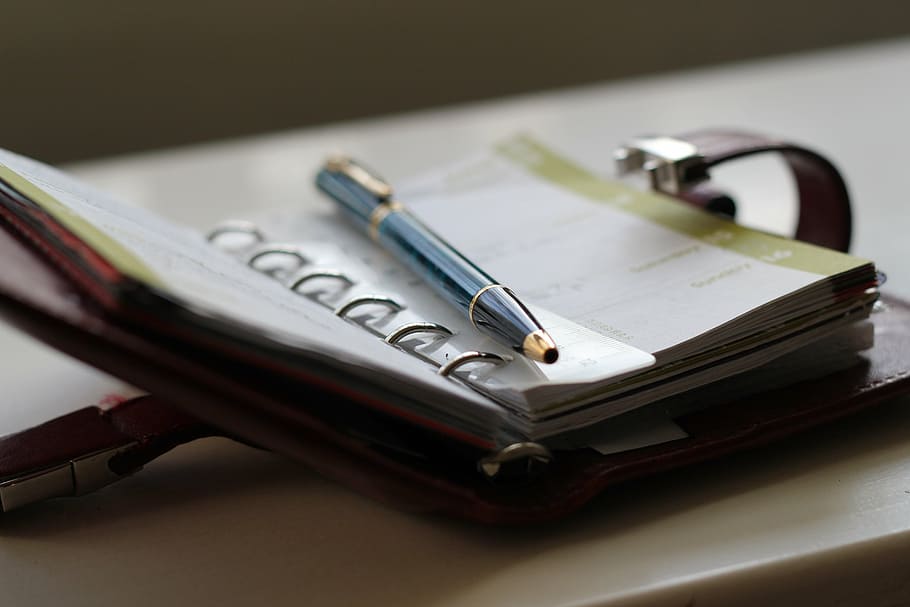 photo of blue ballpoint pen on notebook, agenda, work, balance HD wallpaper