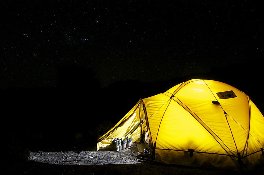 yellow dome tent during night, camp, star, camping, expedition HD wallpaper