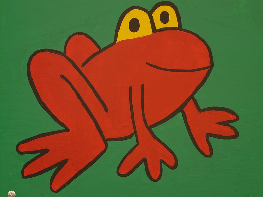 red frog drawing on green canvas, cartoon character, funny, image