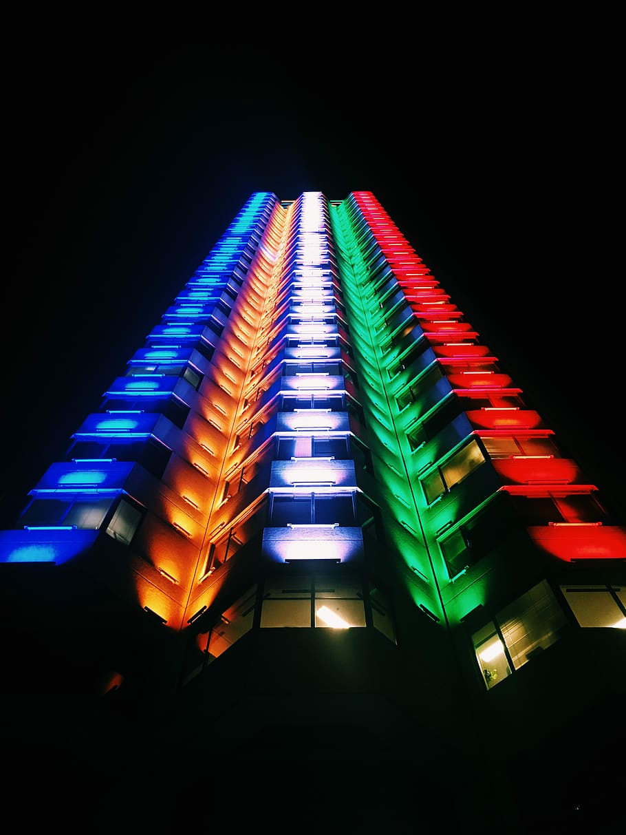 low-angle photography of multicolored high-rise building, low-angle photography of lighted high-rise building HD wallpaper