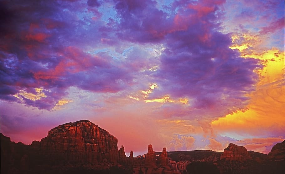 sunset, red rocks, sky, orange, blue, scenic, buttes, landscape HD wallpaper
