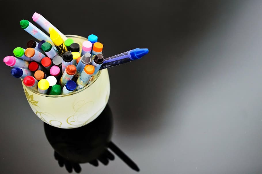 assorted-color pencil on ceramic mug, wax, crayons, paint, school HD wallpaper