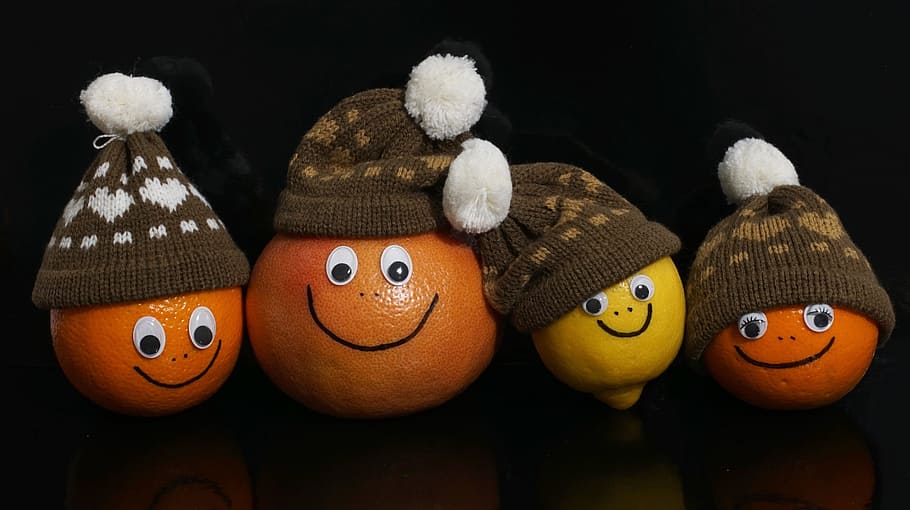three orange citrus fruit and one lemon wearing hats decors, fruits, HD wallpaper