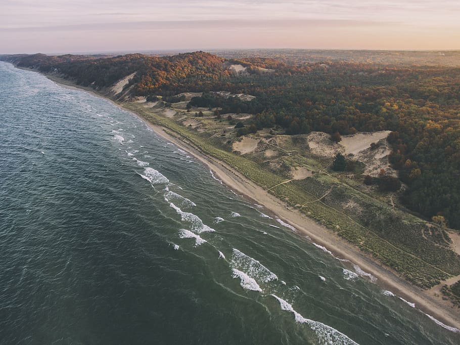 aerial photography of shoreline, sea, ocean, water, waves, nature HD wallpaper