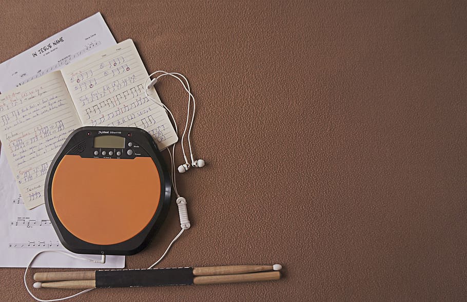 paper, music, notebook, drumsticks, indoors, still life, no people HD wallpaper