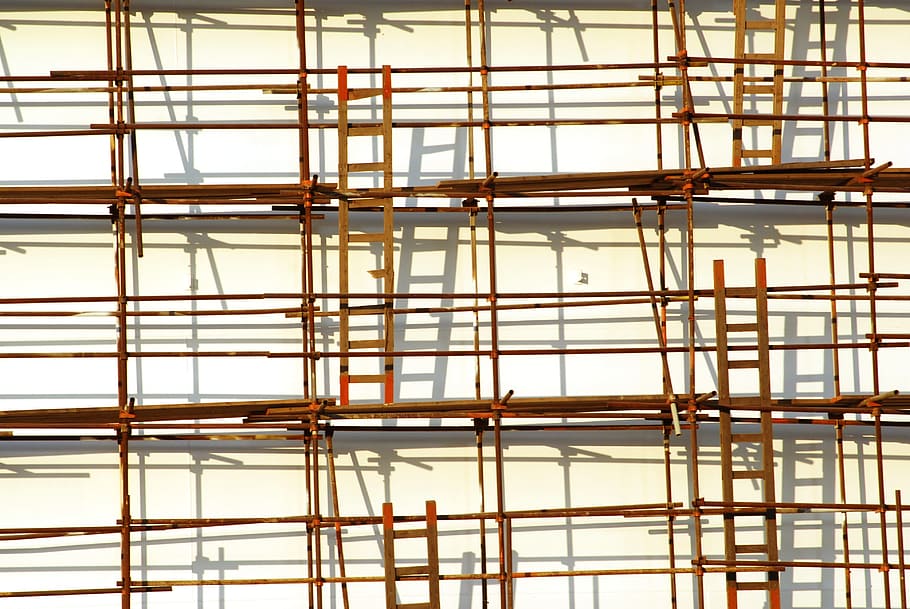 brown wooden ladders, scaffolding, shading, no people, metal HD wallpaper