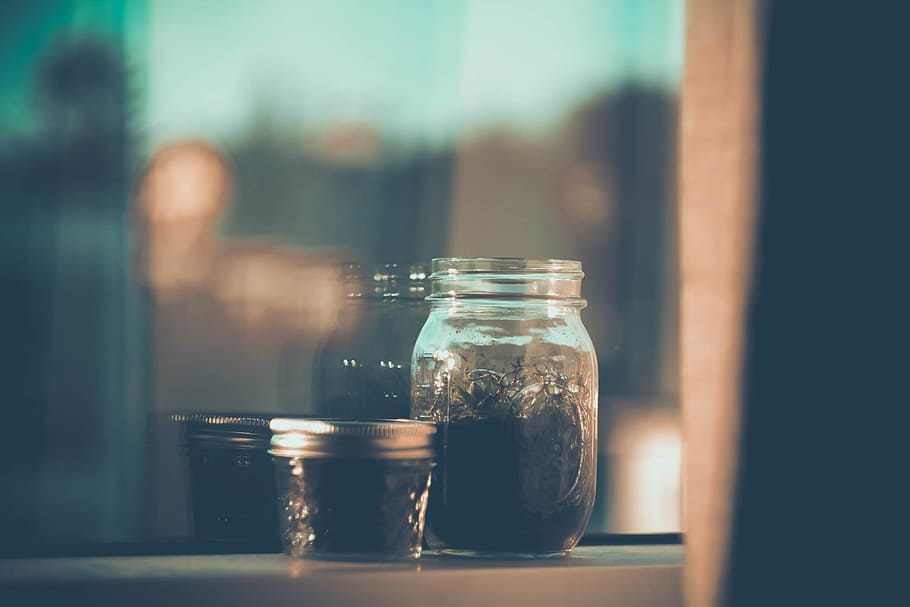 glass, jar, bottle, glass - material, container, table, close-up HD wallpaper