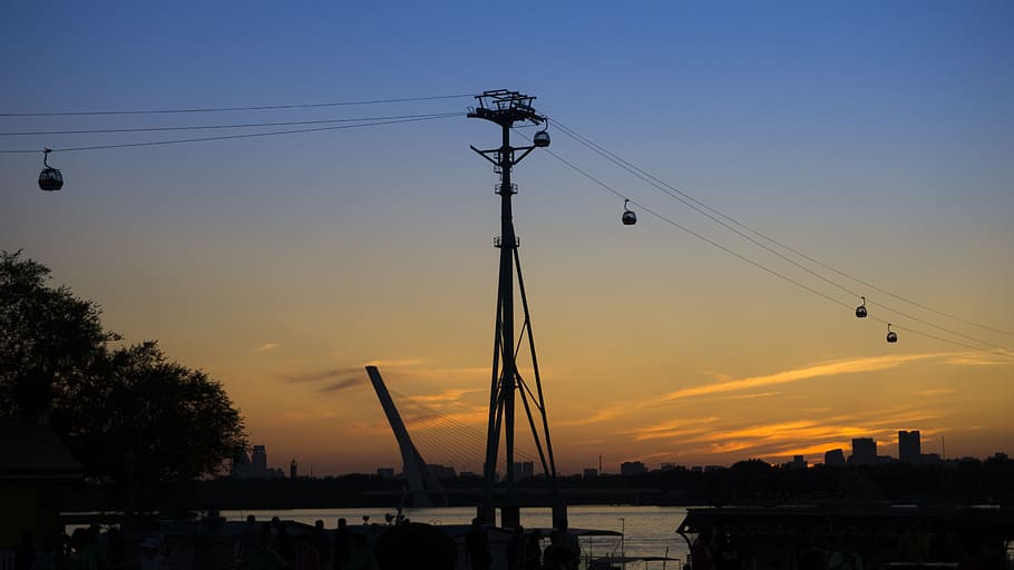 sunset, backlighting, ropeway, sky, architecture, silhouette HD wallpaper