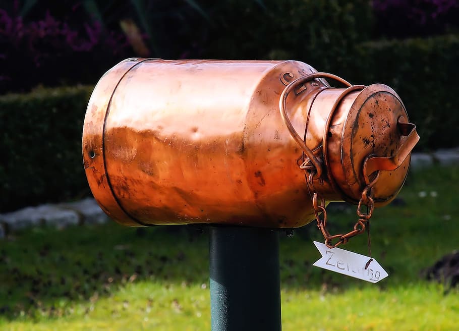 brass-colored milk churn mailbox, milk can, copper, eye catcher, HD wallpaper