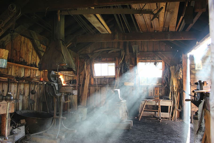 brown wooden shed, blacksmith, workshop, equipment, metalwork