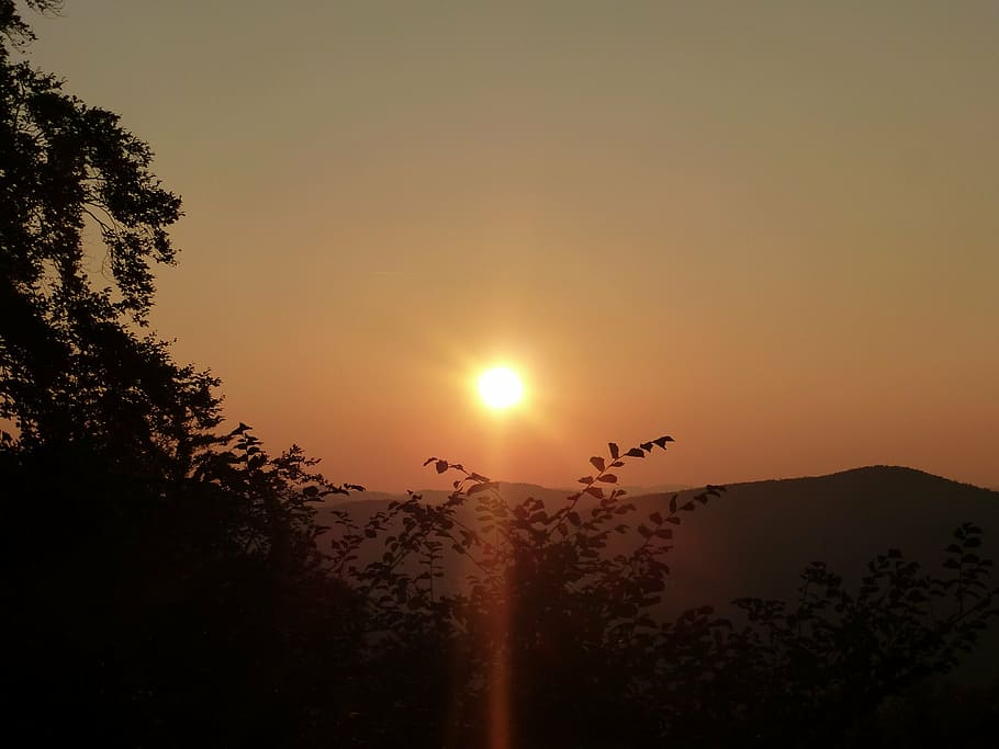 sunset, sky, evening sky, mountains, orange sky, orange sun HD wallpaper