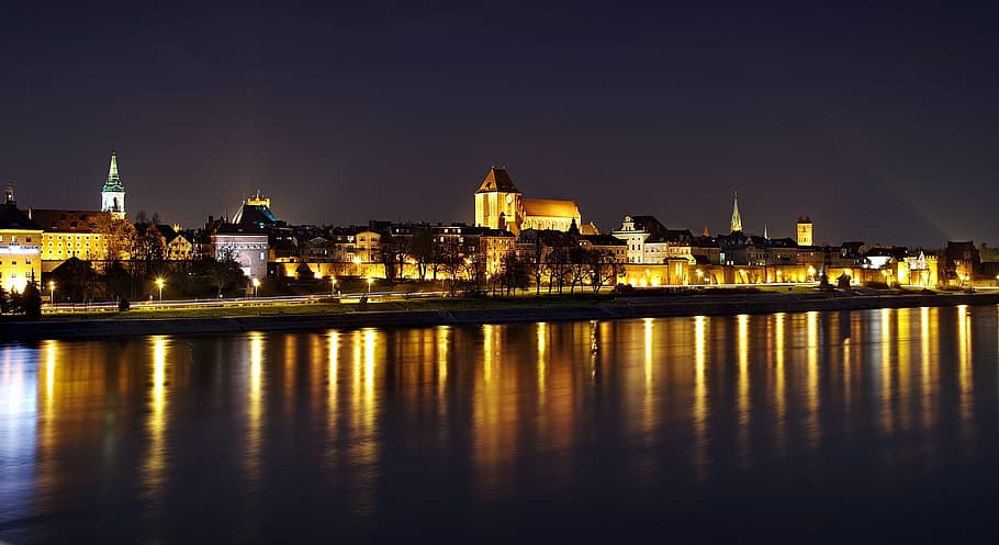 lighted city near body of water, toruń, panorama, night, the old town, HD wallpaper