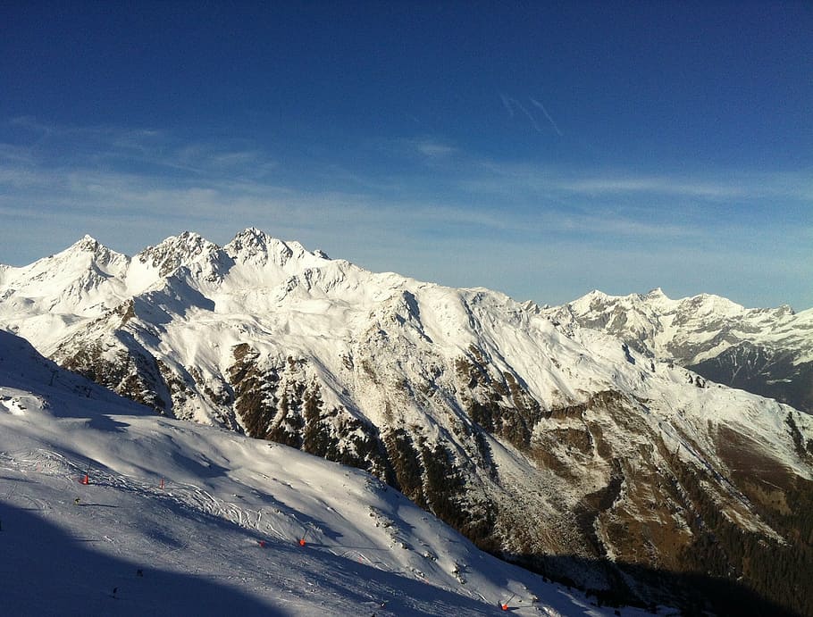 mountains, alpine, snow, runway, ski run, sky, panorama, austria HD wallpaper
