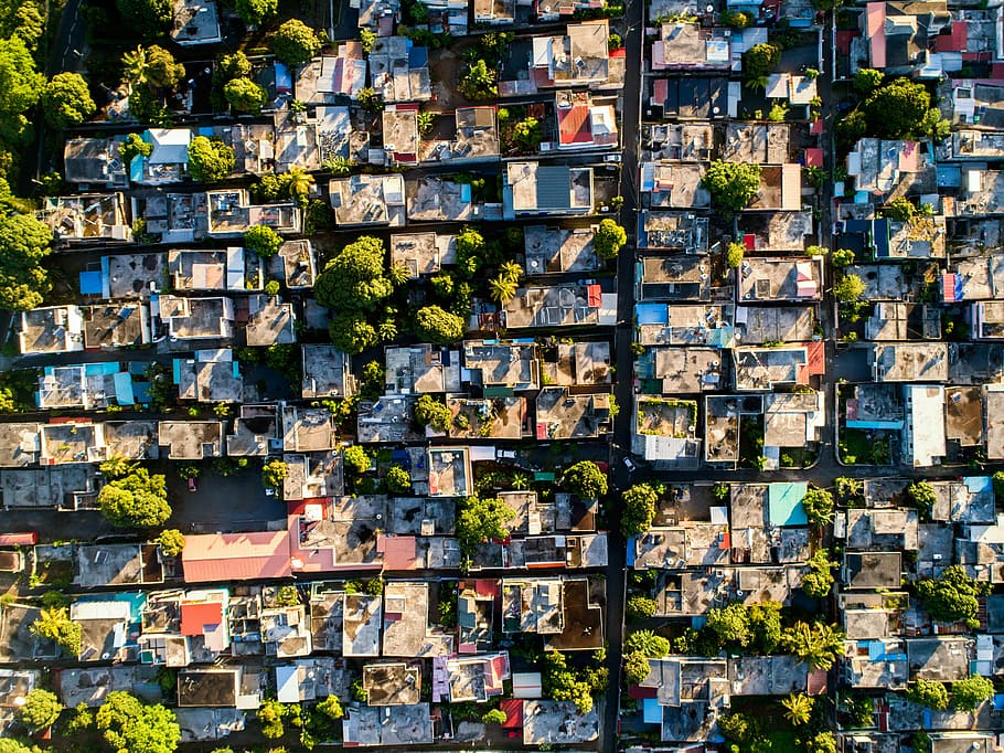 village overhead photography, aerial photo of village, building, HD wallpaper