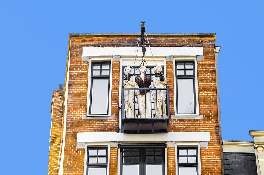 building, brick, balcony, statue, sculpture, women, amsterdam HD wallpaper