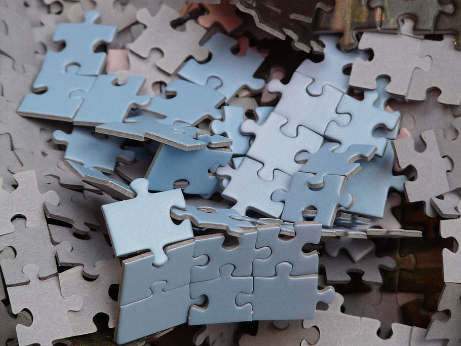 blue jigsaw puzzles, unfinished, mess, unresolved, chaos, pieces of the puzzle, HD wallpaper