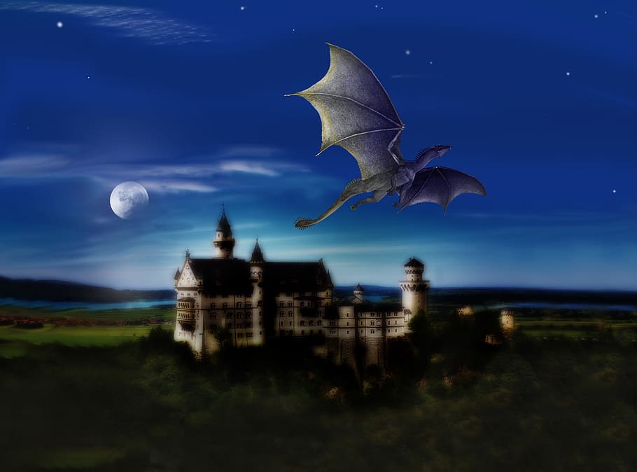 castle, dragons, night, sky, moon, nature, no people, architecture HD wallpaper