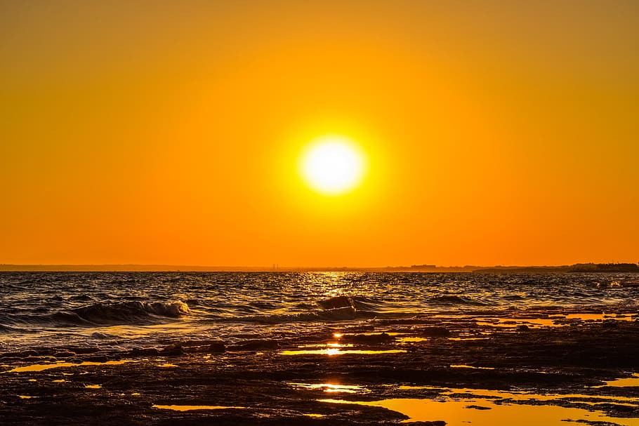 sun over sea, sunset, summer, nature, sunlight, landscape, orange HD wallpaper
