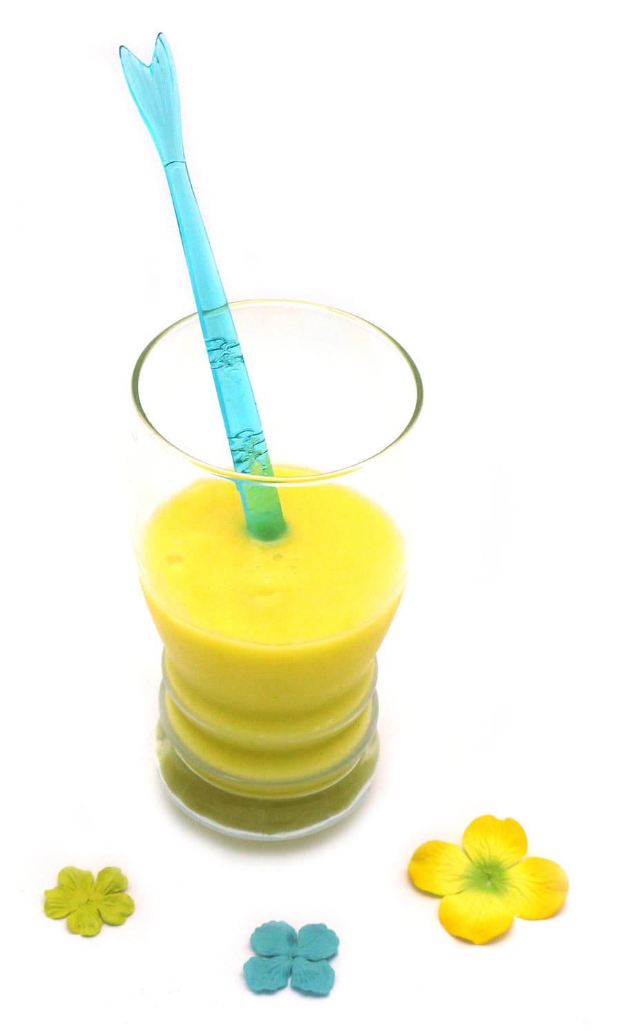 fruit, smoothie, glass, cup, blue, yellow, paper, flowers, blended HD wallpaper
